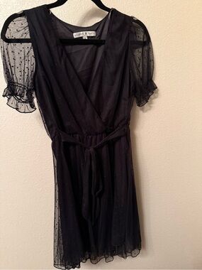 Allison & Kelly Sheer Black Polka Dot Wrap Mini Dress